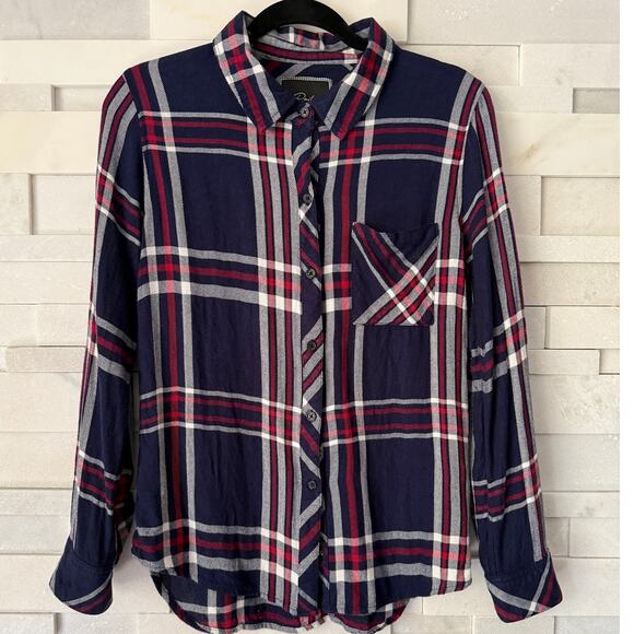RAILS REVOLVE Kendra Flannel Long Sleeve Navy Red White Plaid Button Shirt Top S - Picture 3 of 6
